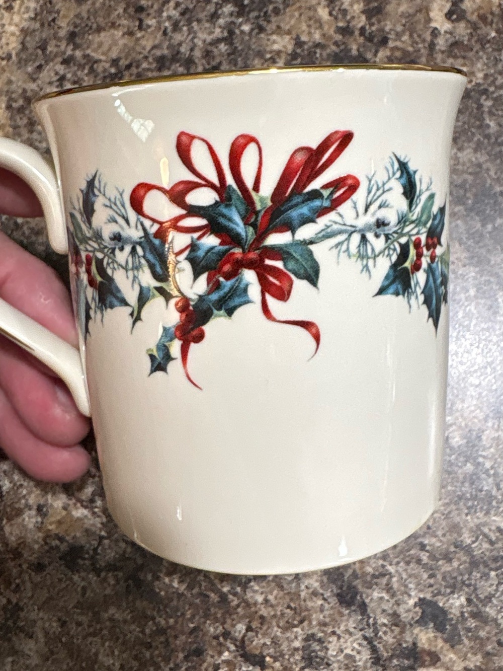 Lenox Cream Holiday Mug with Red Ribbon and Green Holly